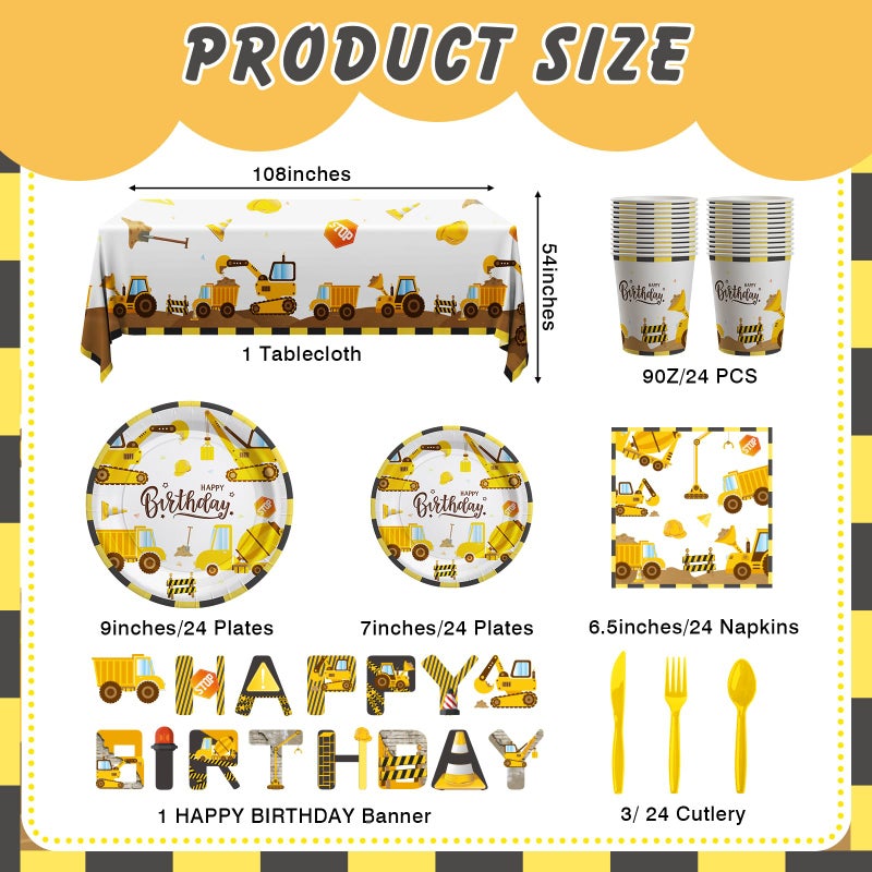 Cecnamt Construction Birthday Decorations, 170 Pcs Construction Birthday Party Supplies Including Banner, Plates, Cups, Napkins, Cutlery and Tablecloths, Serves 24 - Image 2