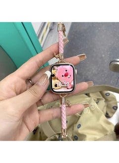 Homemade Leather Diamond Plaid Strap Suitable For Applewatch9 For Apple Iwatch876SE Thin Woven Leather Rope-颜色:【仅带子】粉色-42/44/45/49mm通用【无表