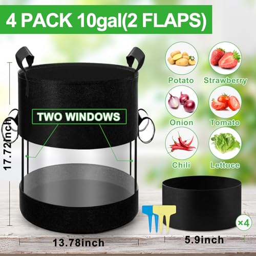VICAMB 4 Pack 10 Gallon 360Visible Potato Grow BagsHeavy Duty Thickened Nonwoven Fabric Planter Bags with 2 Clear Harvest WindowsRemovable Shading CoverReinforced HandlesVegetable Grow Bags with Labels - Image 3