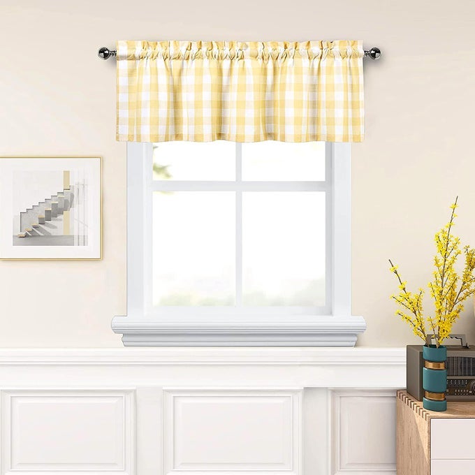 YELLOW WHITE BUFFALO PLAID VALANCE LINEN SHEER CAFE CURTAIN BUFFALO CHECK PLAID ROD POCKET RUSTIC FARMHOUSE KITCHEN WINDOW TREATMENT FOR LIVING ROOM BEDROOM1 PANEL55X15YELLOW AND WHITE