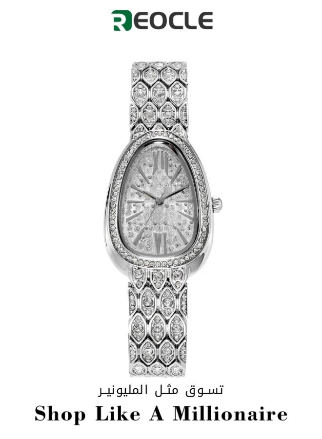REOCLE Women's Quartz Watch Rhinestone Diamond Watch with Diamond Set Oval Dial & Diamond Watch Strap Fashionable Gypsophila Bracelet Watch for Girls  - Image 1