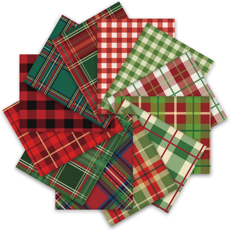 Whaline 12Pcs Christmas Cotton Fabric Bundles Buffalo Plaid Xmas Fat Quarters Red Green Checkered Printed Sewing Fabrics for DIY Handmade Crafting 18 x 22 Inch - Image 2