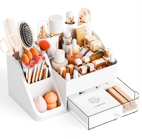 Yieach White Makeup Organizer CountertopLarge Cosmetics Storage Organizer for Make up BrushHair Products and Beauty Skincare OrganizersPlastic Makeup Holders and Organizers for BathroomVanityDesk - Image 1