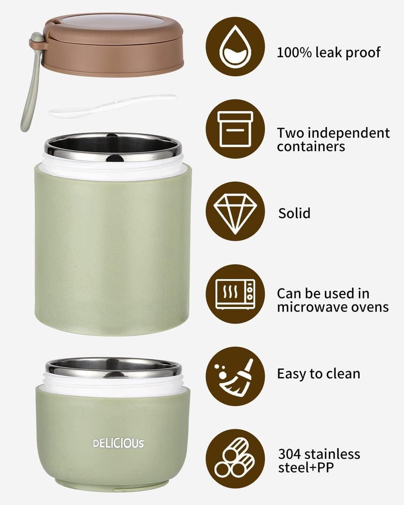 daiDokoro 730ml Stainless Steel Leakproof Lunch Pot/Meal Jar with Foldable Spoon for Office/School/College – Fern Green - Image 5
