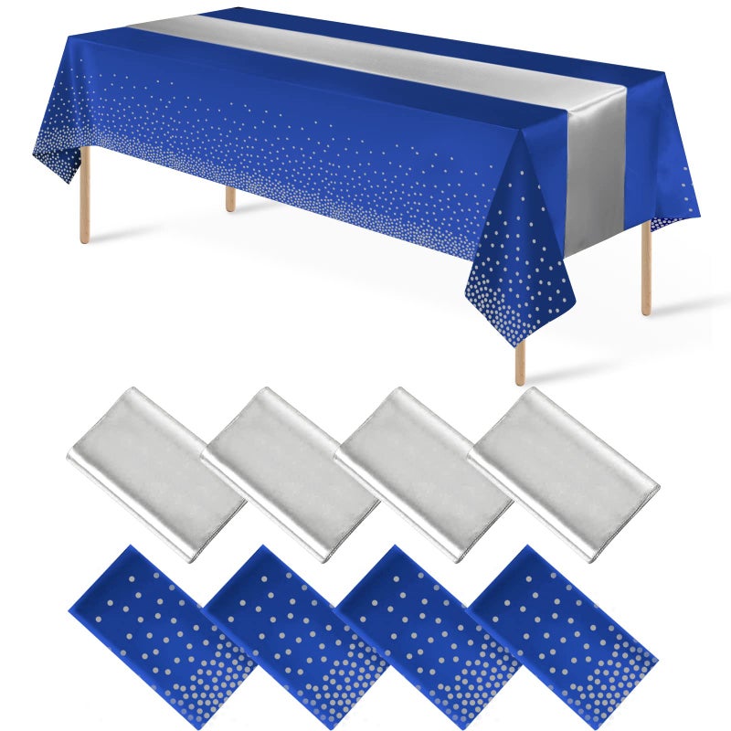 MASHAN 8Pack Disposable Plastic Tablecloths and Satin Table Runner Set Blue and Silver Dot Tablecloth Silver Satin Table Runner for Wedding Birthday Baby Shower Anniversary Christmas New Year Party Supplies - Image 1