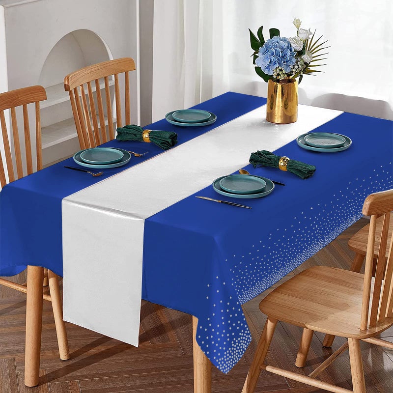 MASHAN 8Pack Disposable Plastic Tablecloths and Satin Table Runner Set Blue and Silver Dot Tablecloth Silver Satin Table Runner for Wedding Birthday Baby Shower Anniversary Christmas New Year Party Supplies - Image 4