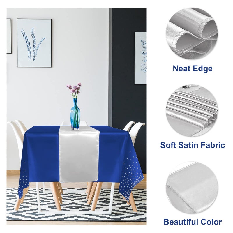MASHAN 8Pack Disposable Plastic Tablecloths and Satin Table Runner Set Blue and Silver Dot Tablecloth Silver Satin Table Runner for Wedding Birthday Baby Shower Anniversary Christmas New Year Party Supplies - Image 3