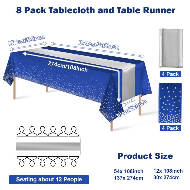 MASHAN 8Pack Disposable Plastic Tablecloths and Satin Table Runner Set Blue and Silver Dot Tablecloth Silver Satin Table Runner for Wedding Birthday Baby Shower Anniversary Christmas New Year Party Supplies - Image 2