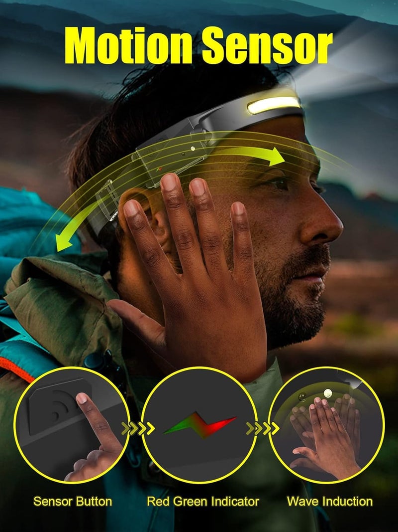 BROCCOLIN Headlamp Flashlight Rechargeable LED Headlamps 230° Wide Beam, Motion Sensor Lightweight Waterproof Ultra Bright Head Torch for Running Dry Camping Fishing Hiking Emergency Combo Pack-2 - Image 4