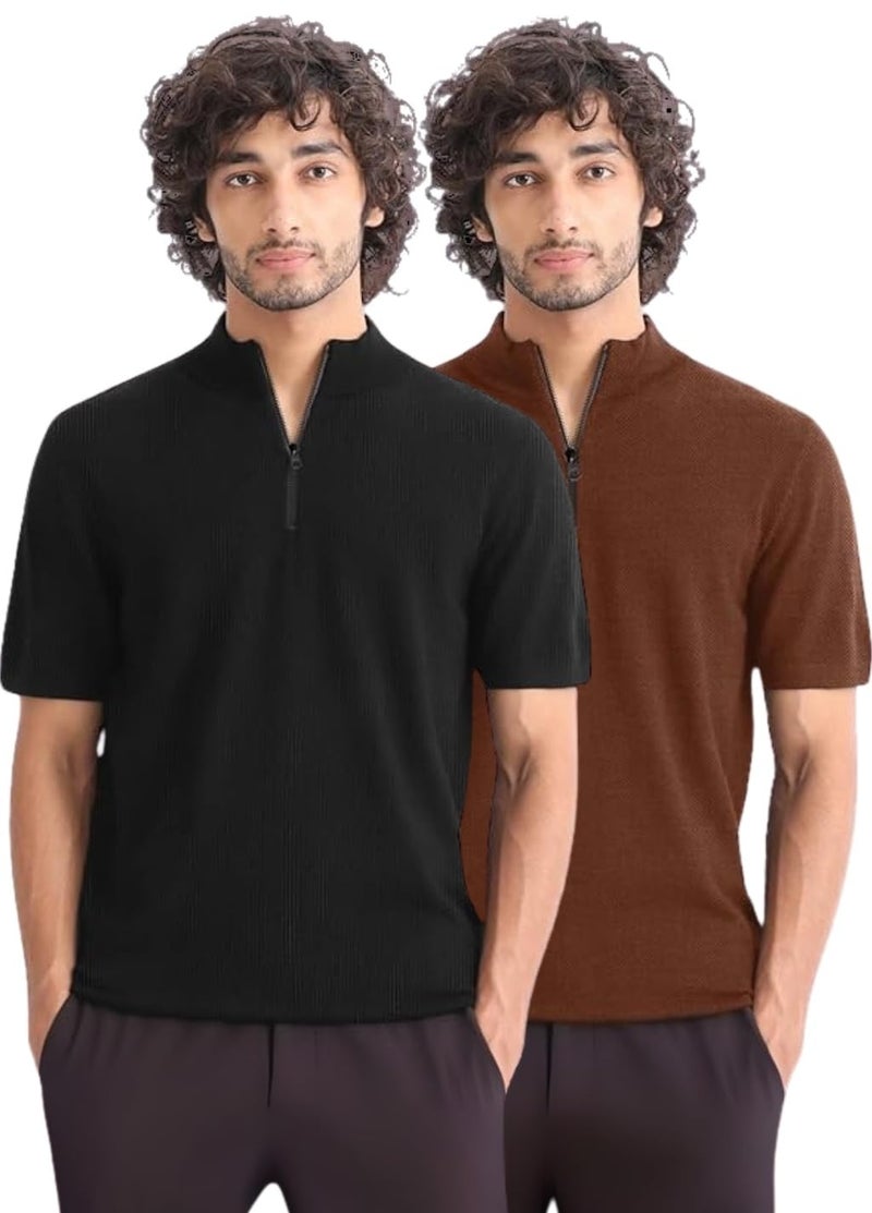 LEOTUDE Men's Matty Polo Zipper Collor Neck Regular Fit Solid Half Sleeve Multicolour Combo Tshirts (P702_Black_P_Multi_3XL) - Image 1
