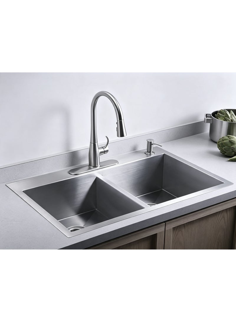 ELITE MKD8650SS Double Bowl Top Mount Kitchen Sink – 860x500x220mm, 0.8mm Stainless Steel, Matte Finish, 400x400mm Bowls, 840x480mm Cut-Out - Image 2