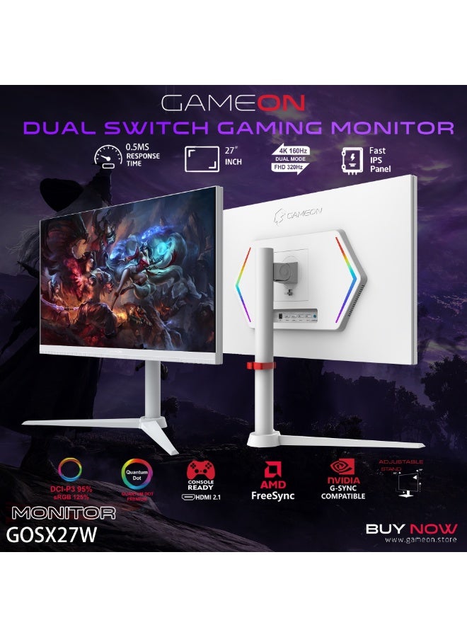 GAMEON GOSX27W Dual Switch Series, White Gaming Monitor 27 inch, 3840x2160p 4K UHD / 1920x1080p FHD, Fast IPS Panel, 160Hz / 320Hz, 0.5ms, HDMI 2.1, With Stand, FreeSync & G-Sync, Supports HDR10, PS5, VRR White - Image 2