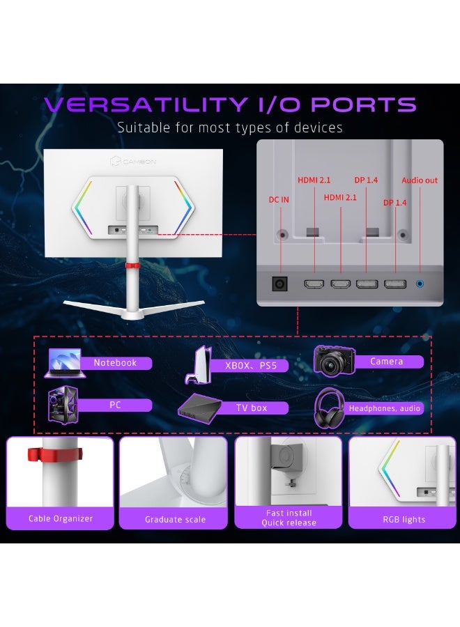 GAMEON GOSX27W Dual Switch Series, White Gaming Monitor 27 inch, 3840x2160p 4K UHD / 1920x1080p FHD, Fast IPS Panel, 160Hz / 320Hz, 0.5ms, HDMI 2.1, With Stand, FreeSync & G-Sync, Supports HDR10, PS5, VRR White - Image 3