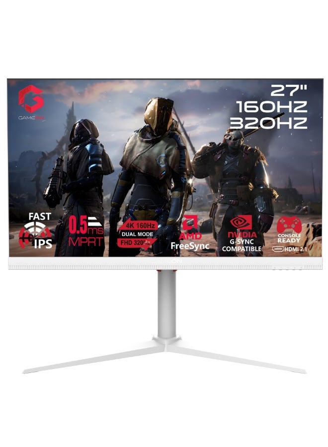 GOSX27W Dual Switch Series, White Gaming Monitor 27 inch, 3840x2160p 4K UHD / 1920x1080p FHD, Fast IPS Panel, 160Hz / 320Hz, 0.5ms, HDMI 2.1, With Stand, FreeSync & G-Sync, Supports HDR10, PS5, VRR White
