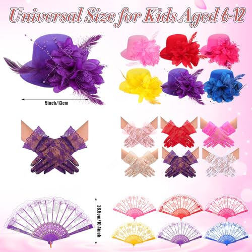 JaGely 18 Pcs Girls Tea Party Supplies Girls Mini Tea Party Hat and Gloves Lace Folding Fan(Bright Colors) - Image 2
