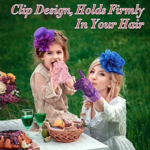 JaGely 18 Pcs Girls Tea Party Supplies Girls Mini Tea Party Hat and Gloves Lace Folding Fan(Bright Colors) - Image 5