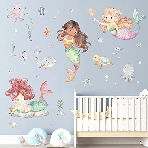 decalmile Under The Sea Mermaid Wall Decals Ocean Fish Whale Turtle Wall Stickers Bathroom Girls Bedroom Baby Nursery Wall Decor - Image 3
