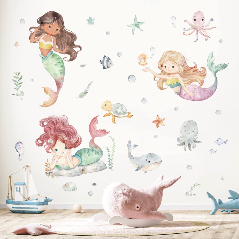 decalmile Under The Sea Mermaid Wall Decals Ocean Fish Whale Turtle Wall Stickers Bathroom Girls Bedroom Baby Nursery Wall Decor - Image 2
