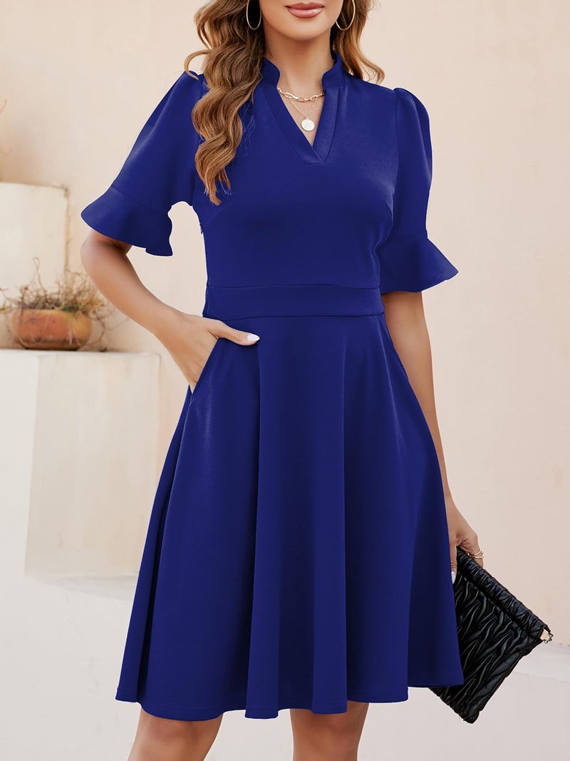 Mokayee Dresses for Womens 2026 Wedding Guest Royal Blue Summer Short Ruffle Sleeve V Neck Semi-Formal Fit and Flare A Line Knee Length Cute Church Business Casual Professional Office Work Dress L - Image 3