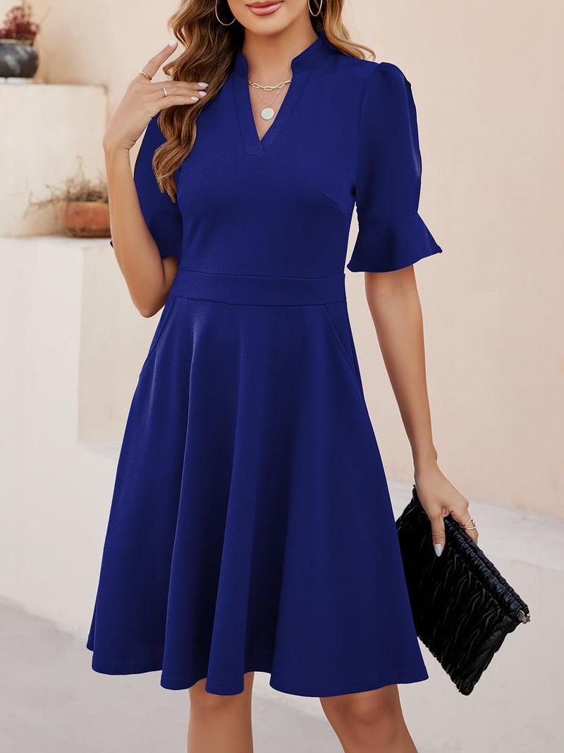 Mokayee Dresses for Womens 2026 Wedding Guest Royal Blue Summer Short Ruffle Sleeve V Neck Semi-Formal Fit and Flare A Line Knee Length Cute Church Business Casual Professional Office Work Dress L - Image 4