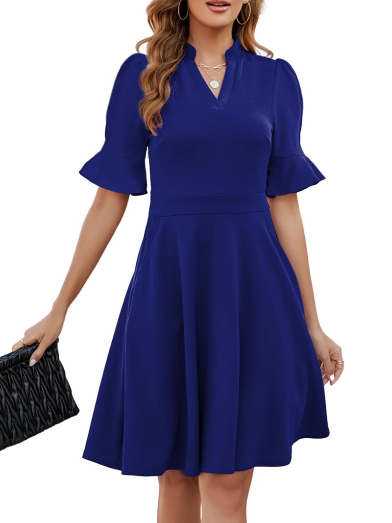 Mokayee Dresses for Womens 2026 Wedding Guest Royal Blue Summer Short Ruffle Sleeve V Neck Semi-Formal Fit and Flare A Line Knee Length Cute Church Business Casual Professional Office Work Dress L - Image 2