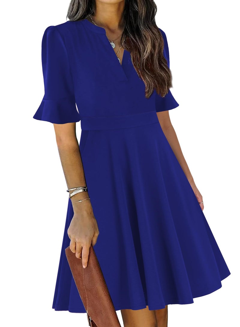 Mokayee Dresses for Womens 2026 Wedding Guest Royal Blue Summer Short Ruffle Sleeve V Neck Semi-Formal Fit and Flare A Line Knee Length Cute Church Business Casual Professional Office Work Dress L - Image 1