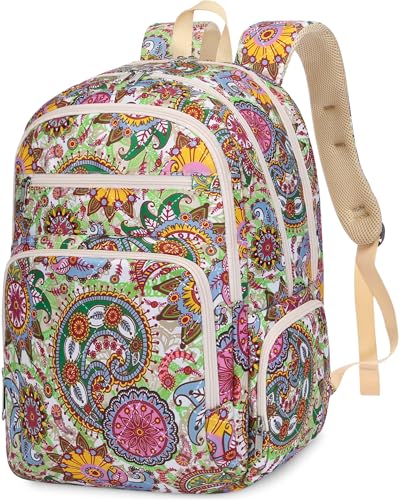 FOKDUVB Large Backpack for Women Backpack with Lots of Pockets for Travel Work School Bookbag with Laptop Compartment for High School College Girls Mochilas Morrales para Mujer (Beige/Green, Paisley) - Image 1
