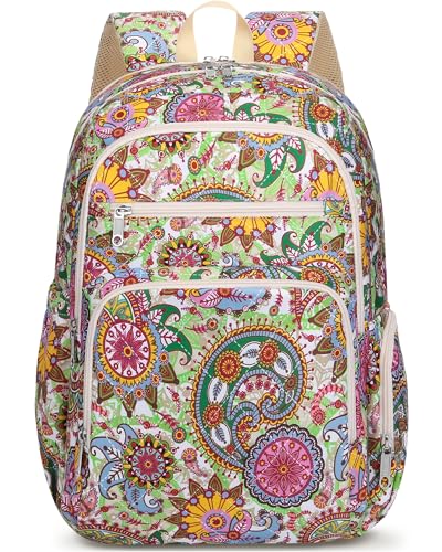 FOKDUVB Large Backpack for Women Backpack with Lots of Pockets for Travel Work School Bookbag with Laptop Compartment for High School College Girls Mochilas Morrales para Mujer (Beige/Green, Paisley) - Image 2