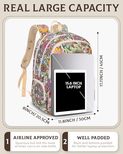 FOKDUVB Large Backpack for Women Backpack with Lots of Pockets for Travel Work School Bookbag with Laptop Compartment for High School College Girls Mochilas Morrales para Mujer (Beige/Green, Paisley) - Image 5