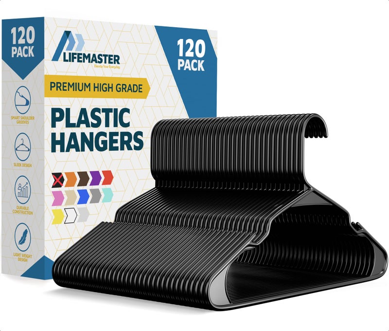 Lifemaster Plastic Clothes Hanger Set - 120 Pieces Versatile, Lightweight, Space-Saving, Non-Slip, Slim Designed, Dry and Wet Clothes Hanger Set - Black - Image 1