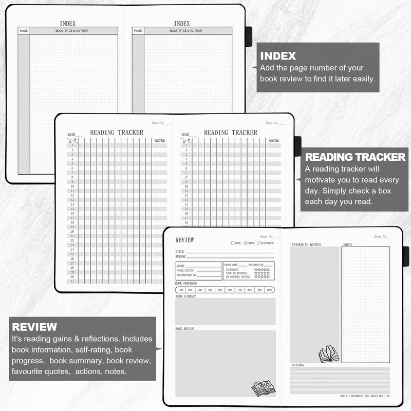 SIMSIMY Reading Journal With 104 Book Reviews - Journal for Lovers & Readers, Tracker & List Challenge, Log Notebook Gift, A5, Gray - Image 3