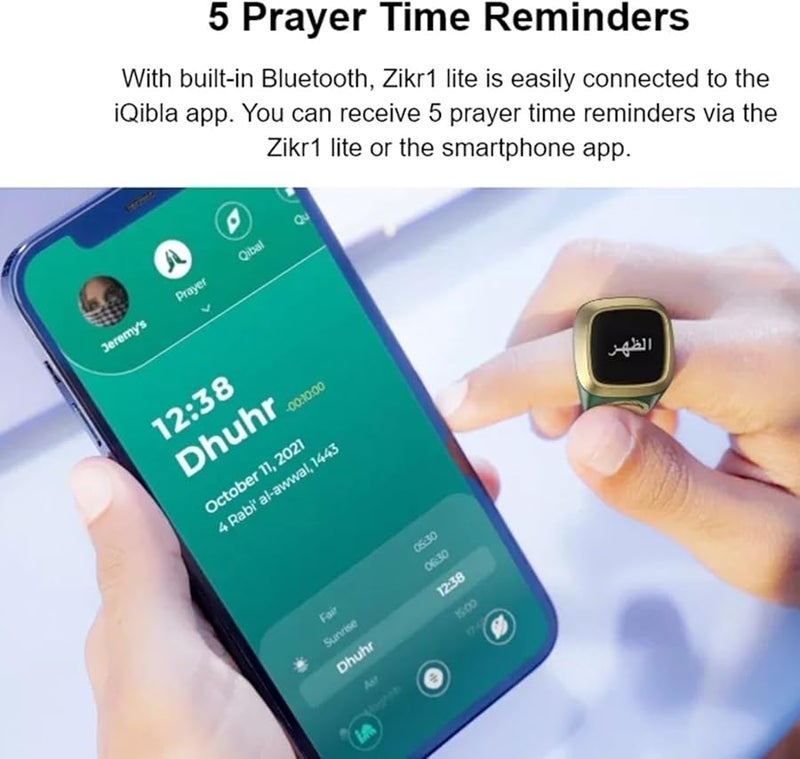 Smart Zikr Ring With Digital Tasbih Counter OLED Display Bluetooth App Vibration Reminder Waterproof Black 18mm - Image 4