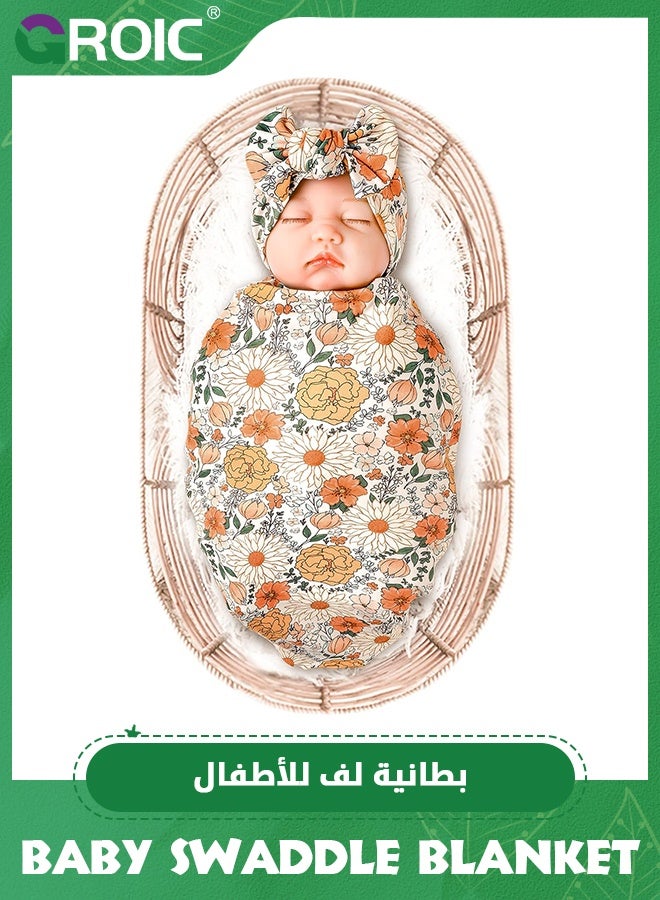 GROIC Baby Swaddle Blanket and Headband Set,Newborn Receiving Blanket with Matching Headband Set Baby Swaddle Nursery Swaddle Wrap - Image 1