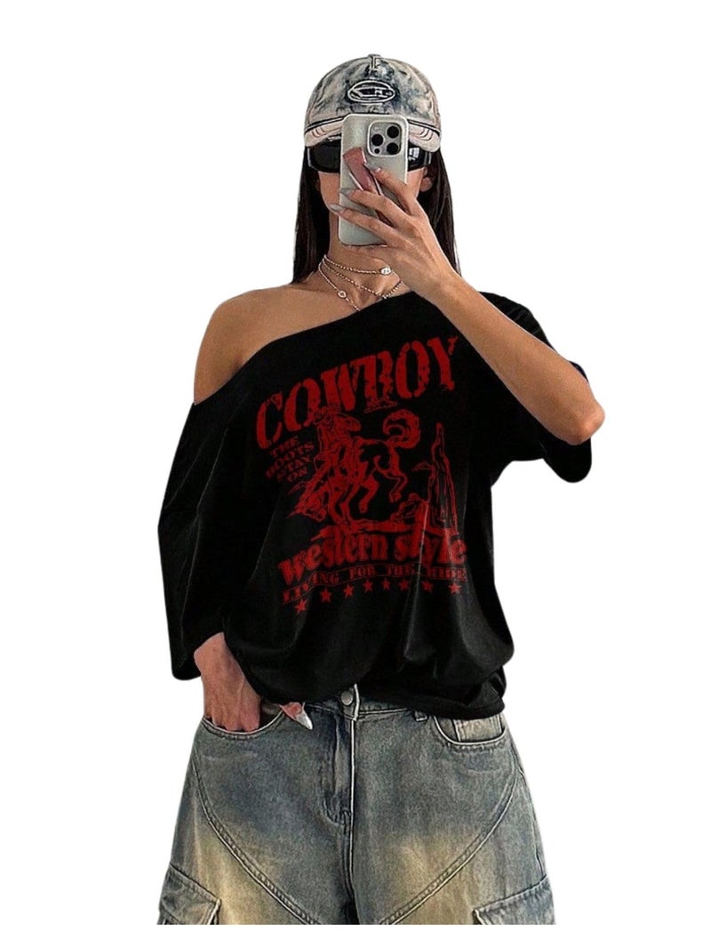 SXV STYLE Women Cowboy Style Loose Fit Slouch Shoulder T-Shirt, Black (in, Alpha, L, Black) - Image 1