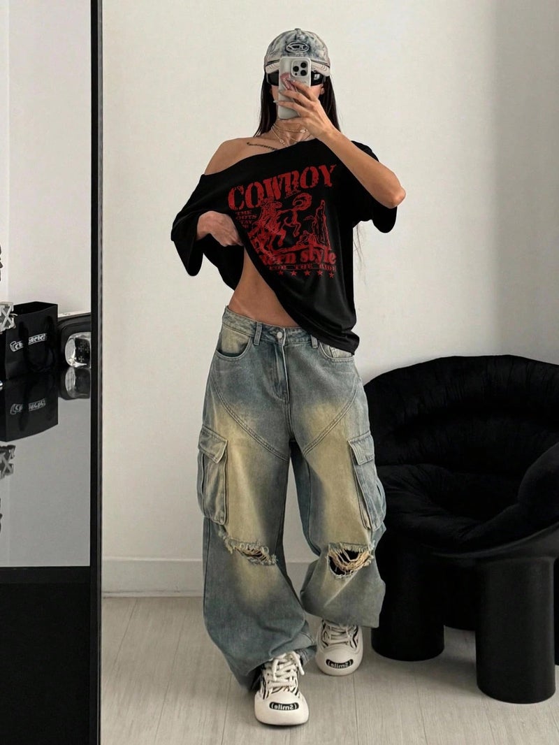 SXV STYLE Women Cowboy Style Loose Fit Slouch Shoulder T-Shirt, Black (in, Alpha, L, Black) - Image 5