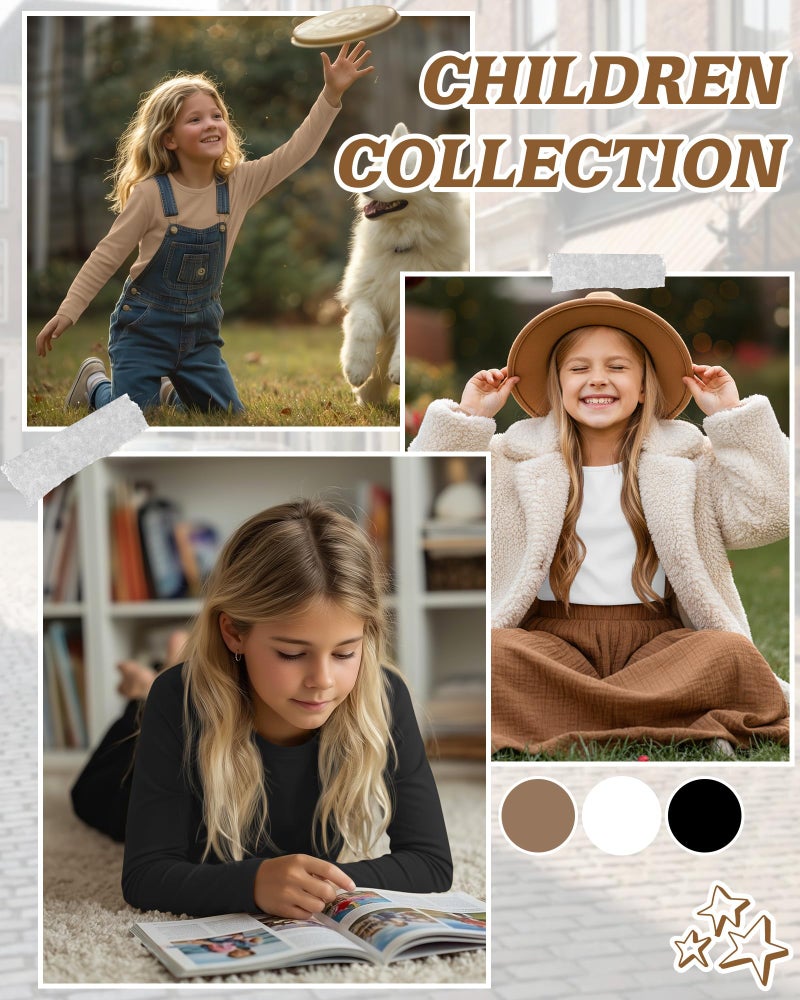 LessonZoo 3 Pack Girls Long Sleeve Shirts Casual Crewneck T-Shirts Soft Layering Basic Tees Undershirts Fall Tops(Black, White, Khaki,9-10 Years) - Image 3