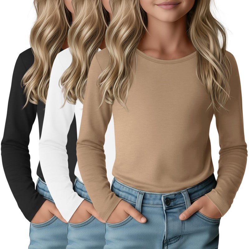 LessonZoo 3 Pack Girls Long Sleeve Shirts Casual Crewneck T-Shirts Soft Layering Basic Tees Undershirts Fall Tops(Black, White, Khaki,9-10 Years) - Image 1