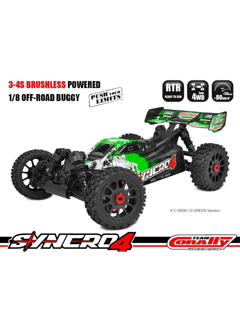 Team Corally Syncro-4 1:8 Scale 4WD Brushless RC Buggy RTR High Speed Off-Road Remote Control Car 3S/4S Compatible Aluminium Chassis Oil Shocks – No Battery No Charger Green - Image 5