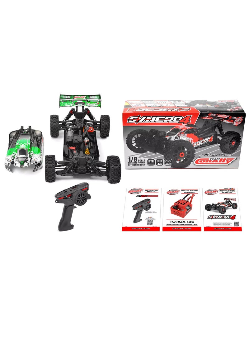Team Corally Syncro-4 1:8 Scale 4WD Brushless RC Buggy RTR High Speed Off-Road Remote Control Car 3S/4S Compatible Aluminium Chassis Oil Shocks – No Battery No Charger Green - Image 4