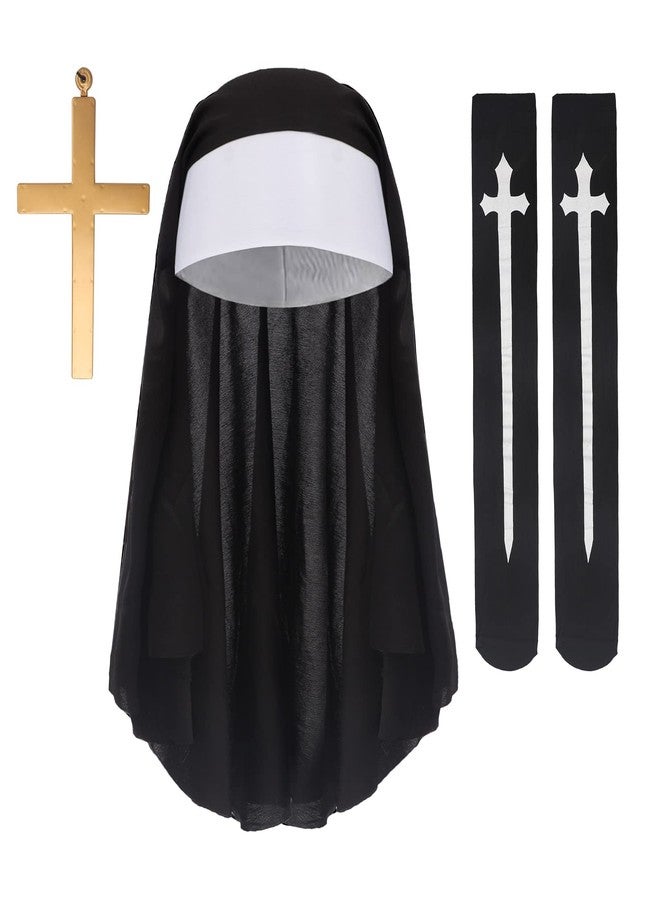 Clobeau Halloween Nun Costume Women's Kerchief Headpiece Headband Stocking Sets Hat Knee Thigh High Socks Cosplay Carnival Theme Party Outfit Zombie Evil Dress up Accessory - Image 1