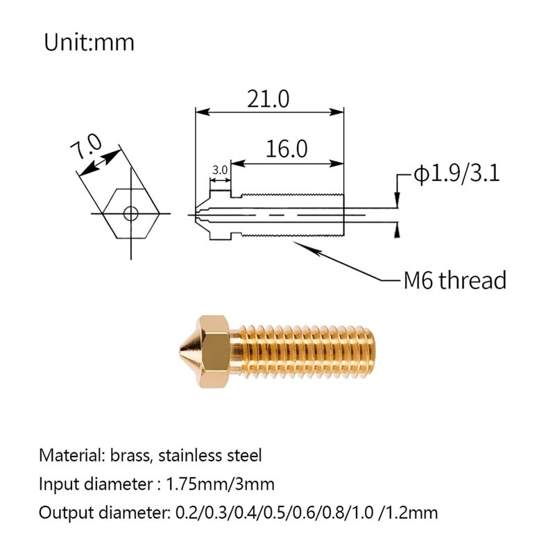 5 Pcs Brass 3D Printer Volcano Nozzles 0.6mm 1.75mm Filament Hotend Nozzle - Image 4