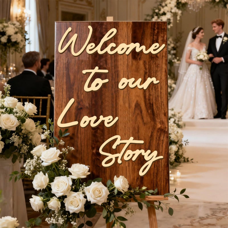 Haiddle Wooden Wedding Welcome Sign for Party Entry Welcome to Our Love Story Decal for Backdrop Wedding Mirror Decals Colorable Marriage Signs for Party Reception Board Bride Shower Bachelor Party Favors - Image 1