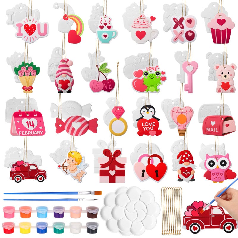 Seenelling 24 Pcs Valentine's Day Ceramic to Paint Kits 3D Hanging Statues Ornament Craft Unpainted Plaster Statues Ready to Paint Your Own Ceramic for Valentine's Day DIY Lovers Gifts - Image 1