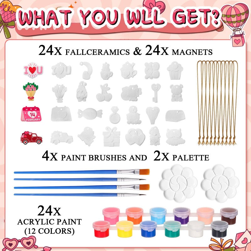 Seenelling 24 Pcs Valentine's Day Ceramic to Paint Kits 3D Hanging Statues Ornament Craft Unpainted Plaster Statues Ready to Paint Your Own Ceramic for Valentine's Day DIY Lovers Gifts - Image 3