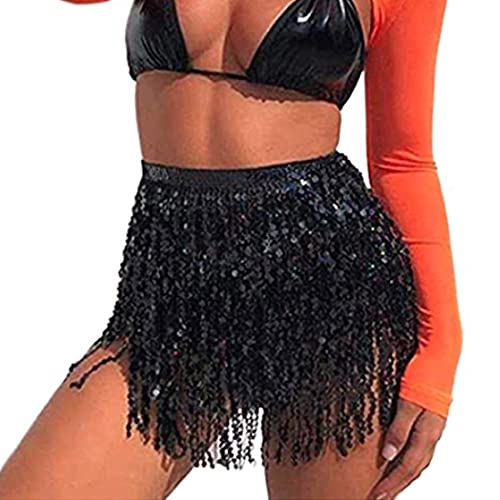 Fenyong Women's Sequin Tassel Skirts Sparkly Rave Fringe Hip Scarf for Festival Costume(Black) - Image 1