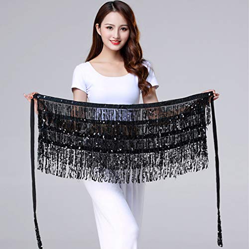 Fenyong Women's Sequin Tassel Skirts Sparkly Rave Fringe Hip Scarf for Festival Costume(Black) - Image 4