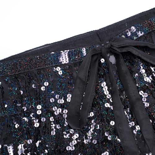 Fenyong Women's Sequin Tassel Skirts Sparkly Rave Fringe Hip Scarf for Festival Costume(Black) - Image 5