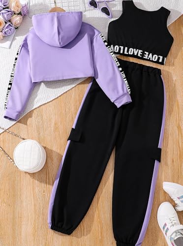 Hilinker Girls Graphic 3 Piece Outfits Workout Hoodie Crop Tank and Sweatpants Set Purple Black LA 13-14 Year - Image 2