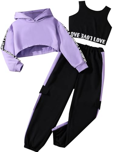 Hilinker Girls Graphic 3 Piece Outfits Workout Hoodie Crop Tank and Sweatpants Set Purple Black LA 13-14 Year - Image 1