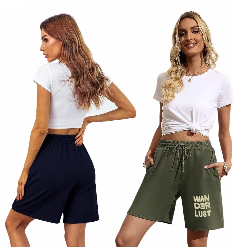 hotfits Women's Summer Shorts Pack of 2 – Casual Blue,Green,Grey,Navy Cotton Shorts for Women, Athletic Gym Jogger Shorts with Pockets, Relaxed Fit Running Shorts for Women Night Wear - Image 3